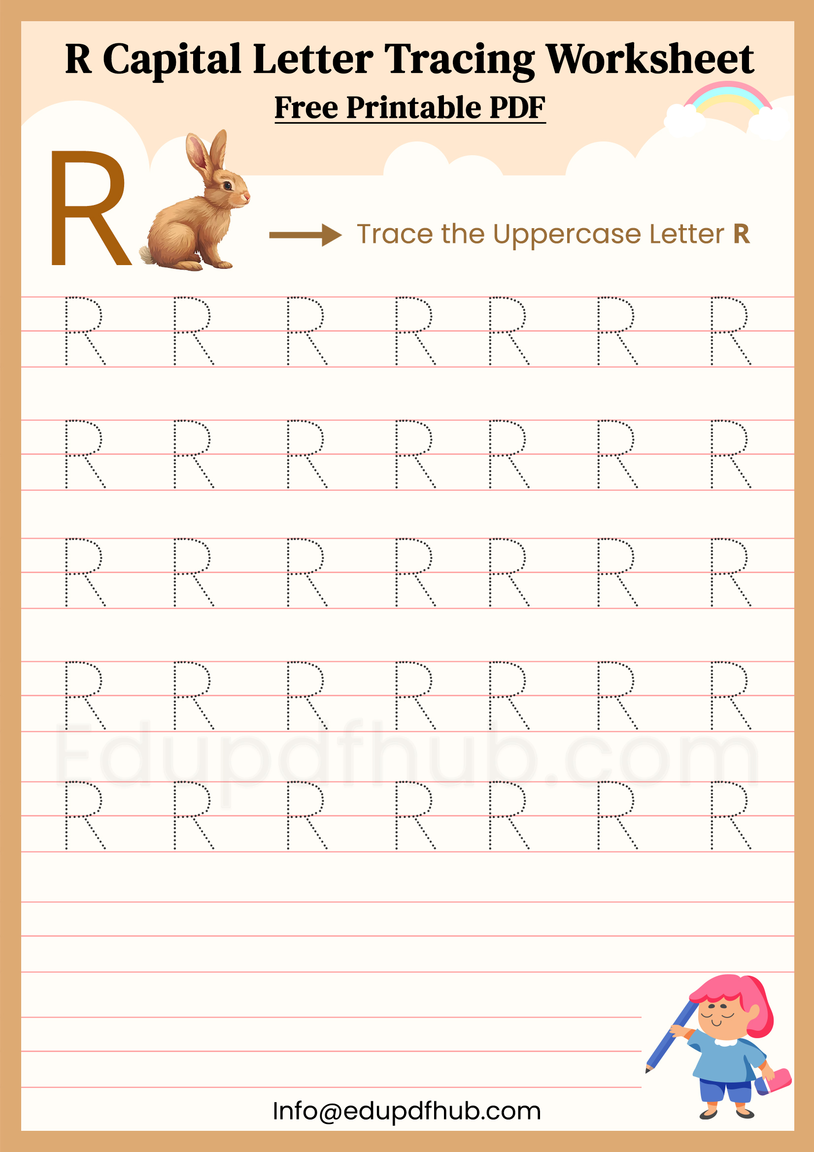 R Capital Letter Tracing Worksheet Printable PDF for Kids